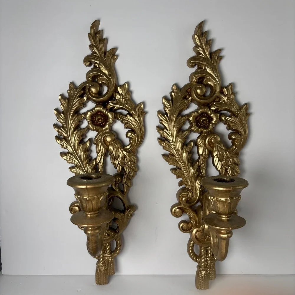 Burwood Vintage Gold Wall‎ Sconce Pair Ornate Hollywood Regency Floral Tassel